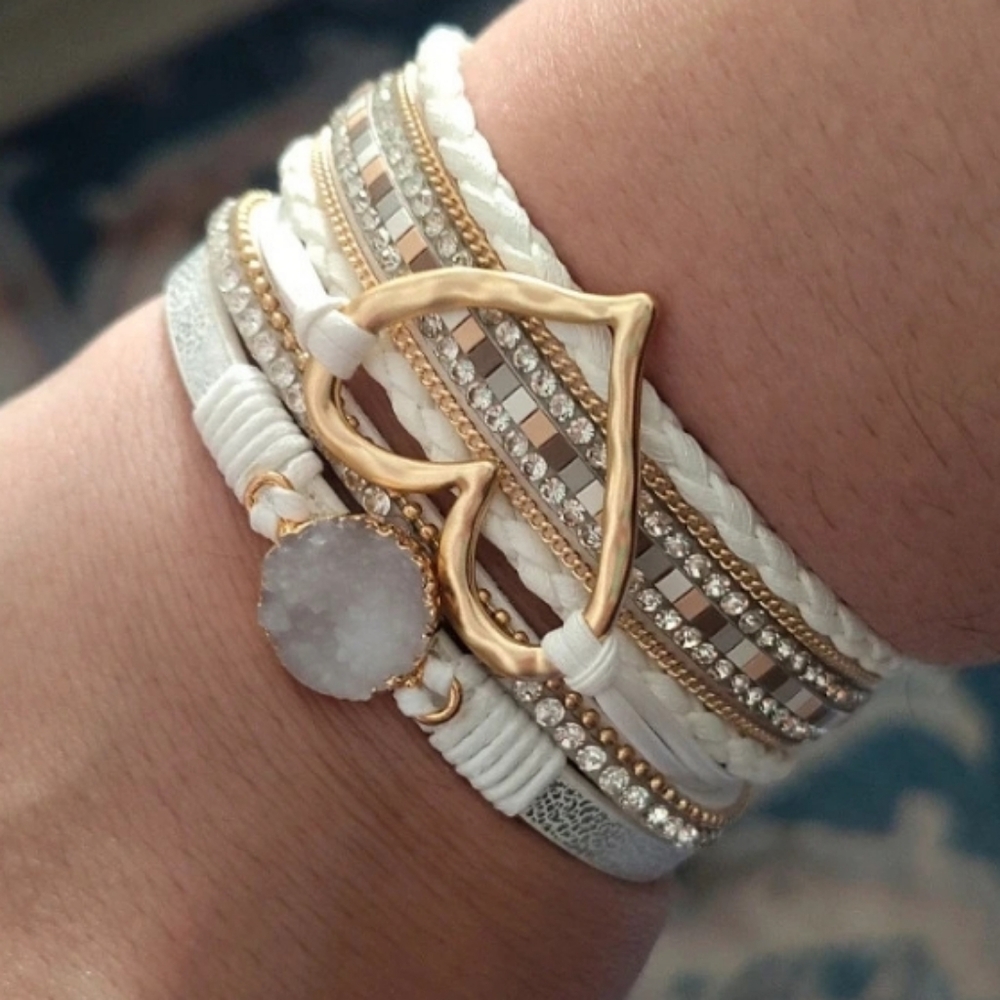 New Boho White and Gold Heart Multi-Layer Bracelet With Magnetic Closure